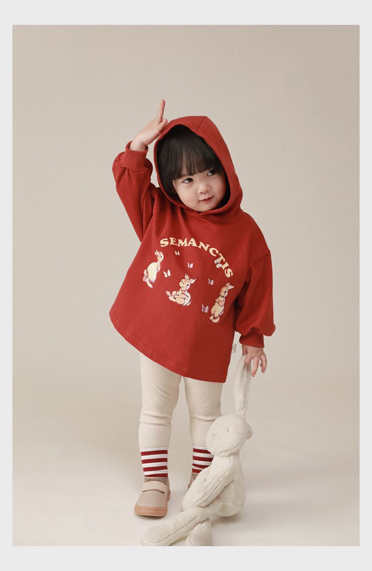 連帽寬鬆長袖帽T-可愛兔兔-紅色