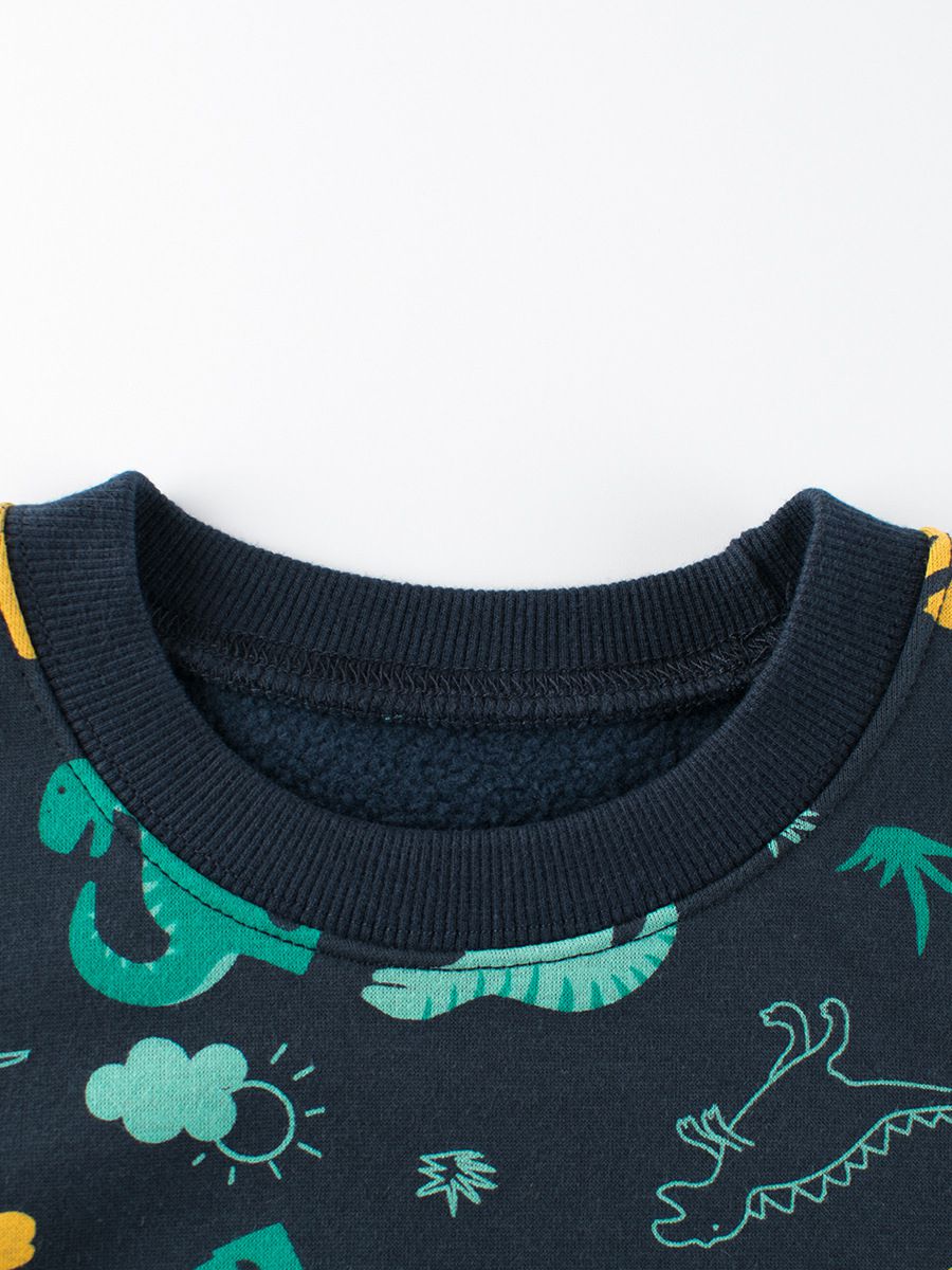 加絨棉質圓領長袖上衣/大學T-滿滿恐龍-深藍色