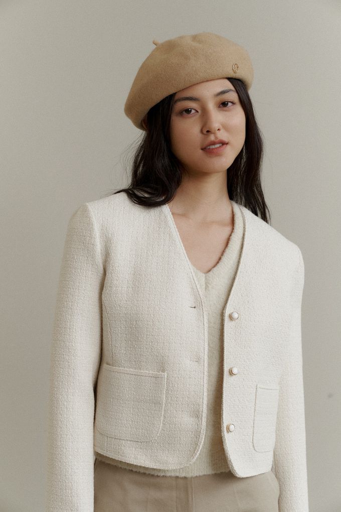 韓國女裝連線 - 氣質V領混羊毛毛呢珠釦外套-米白 (FREE)