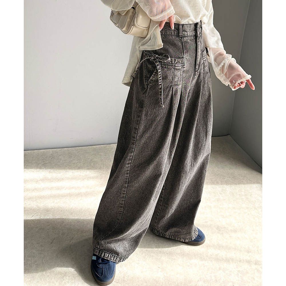 側蝴蝶結純棉丹寧摺線寬褲-(環保材質)-黑