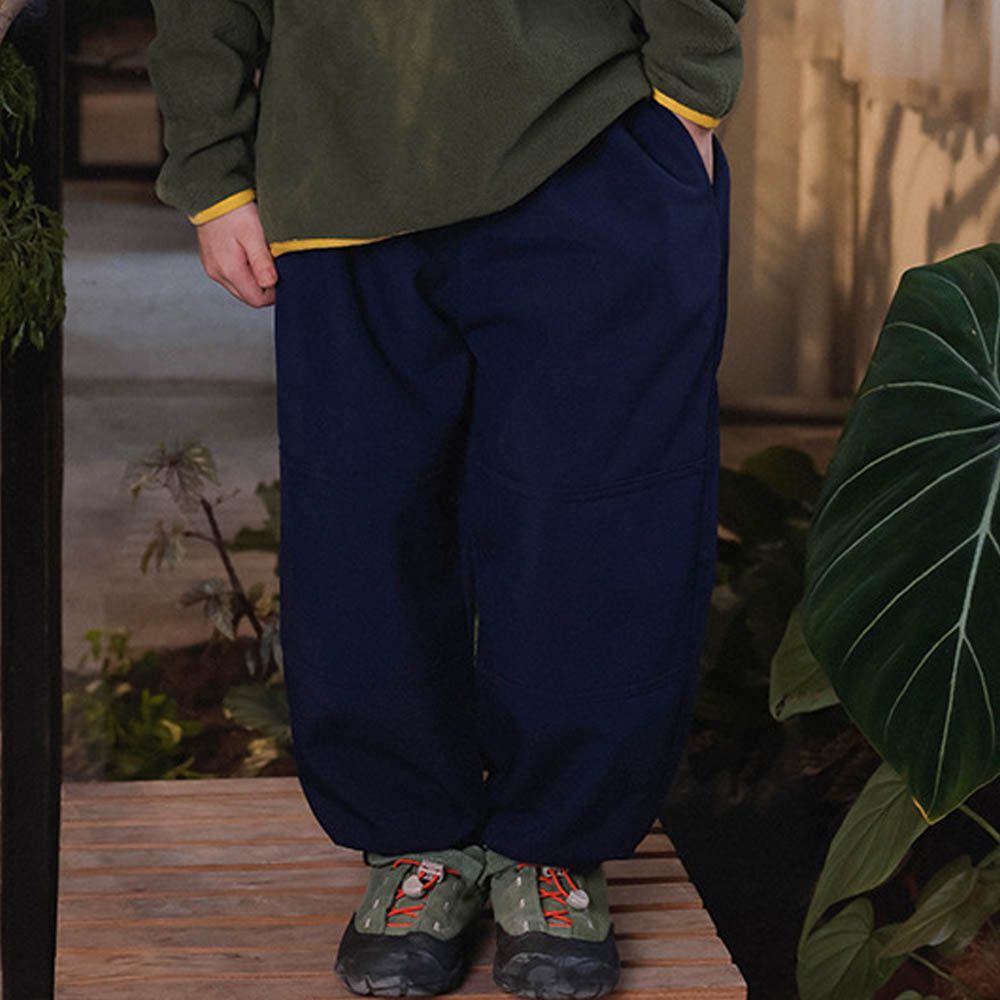 薄刷絨腰帶縮口長褲-藏青