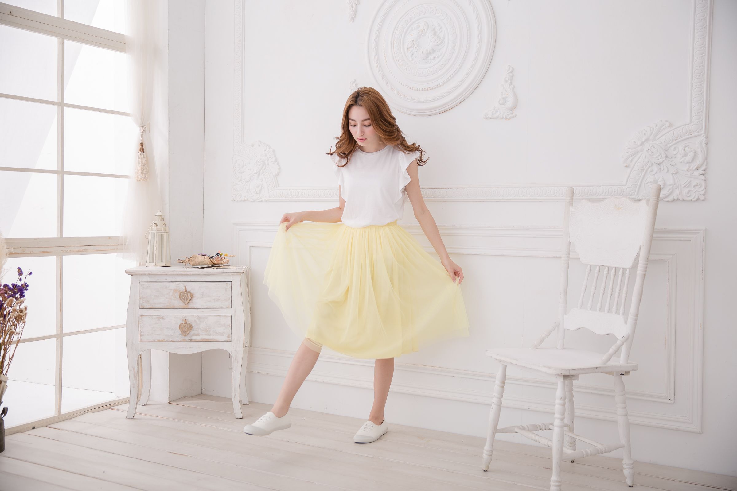 Peachy - 獨家訂製綿柔半身紗裙-半身中長版-嫩鵝黃 (F)