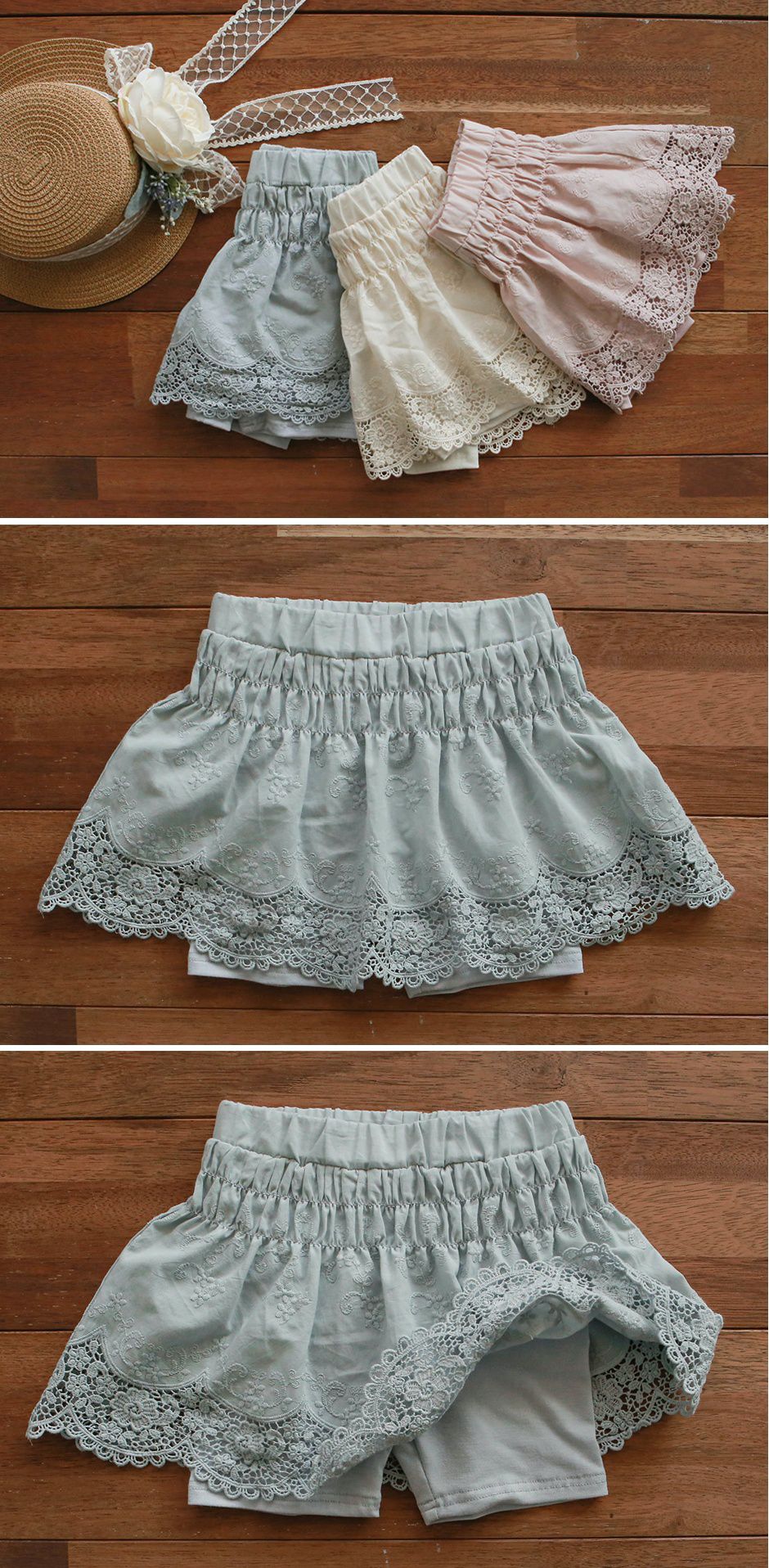 韓國 PuellaFLO - 蕾絲鏤空花瓣下襬褲裙-天藍