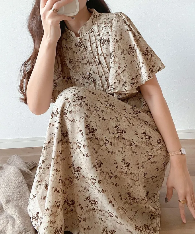 日本 Classical Elf - 優雅質感荷葉袖碎花洋裝-甜美白