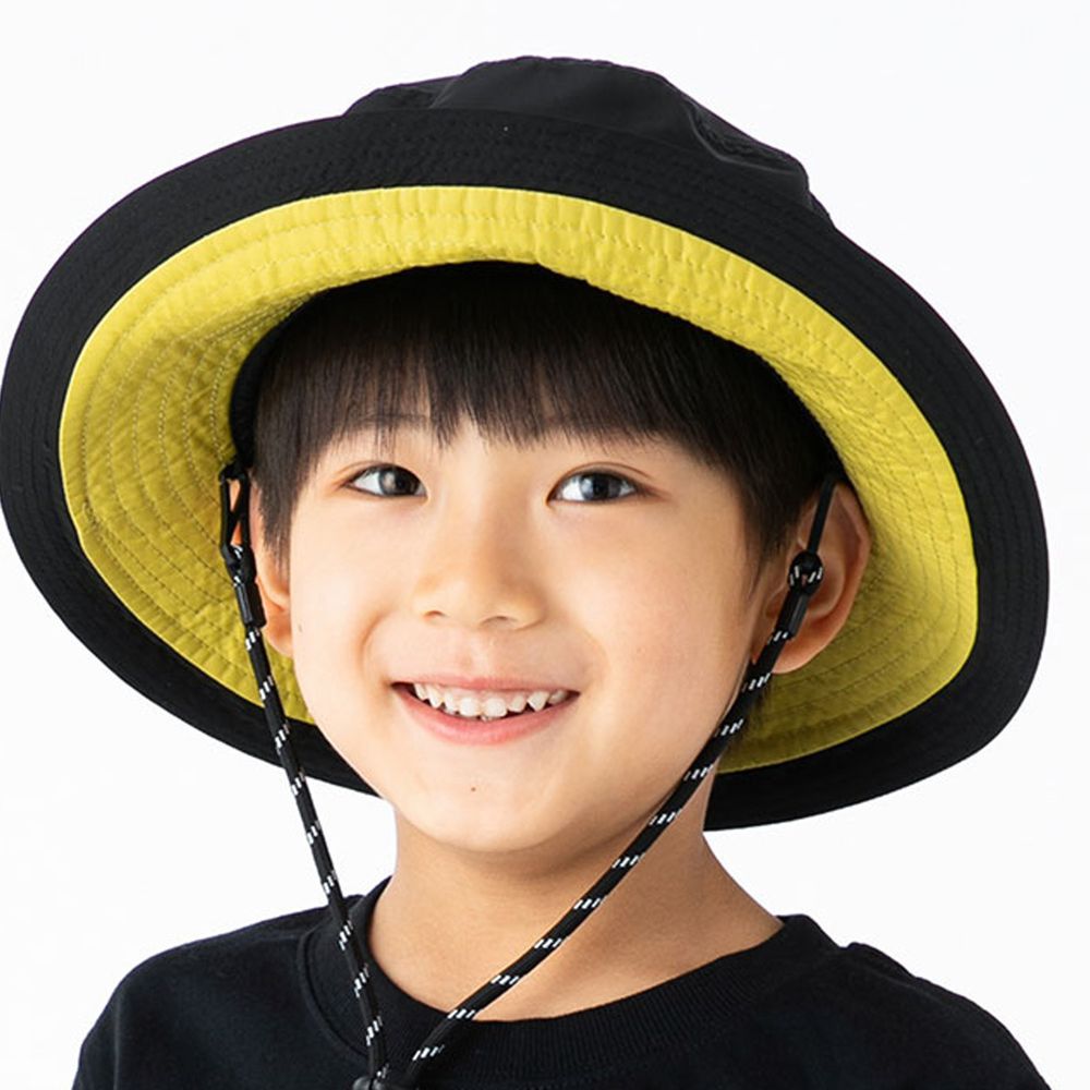 日本 irodori - 抗UV可捲收防潑水遮陽帽(附防風帽帶)-兒童款-黑x芥末黃內裏 (54cm)