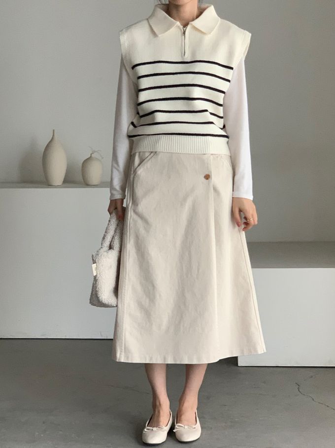 韓國女裝連線 - 拉鍊翻領條紋針織背心-米白 (FREE)