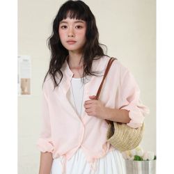 KPUWARM - 天絲亞麻立領下擺抽繩襯衫-甜茶粉