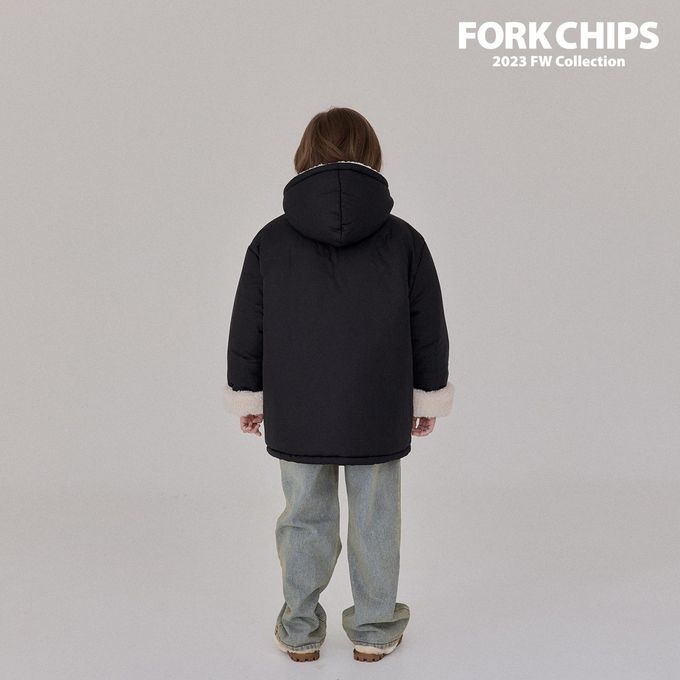 韓國 FORK CHIPS - 冬天保暖鋪棉長版連帽外套-黑