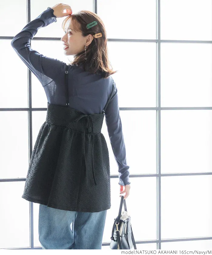 日本 COCA - 高領微透感長袖內搭/上衣-深藍