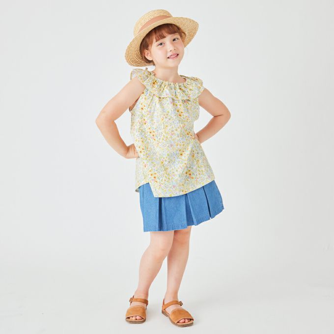 日本 evercloset - 滿版花荷葉領無袖上衣-藍系