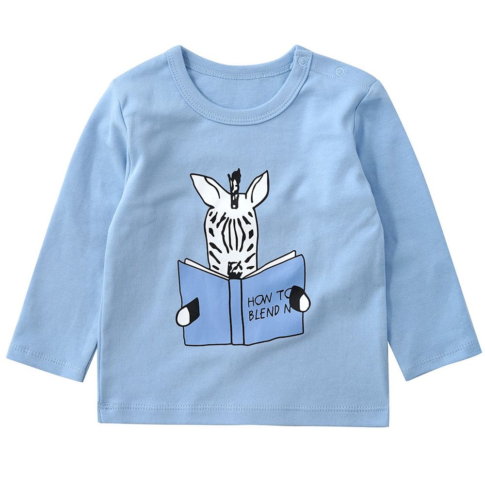 Minizone - 閱讀動物長袖T恤-無肩扣-粉藍斑馬