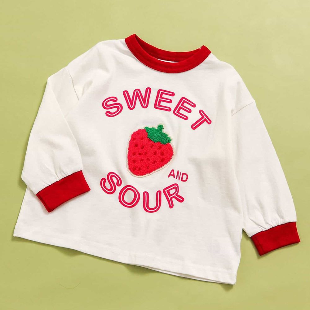 童趣立體刺繡長袖上衣-草莓-白