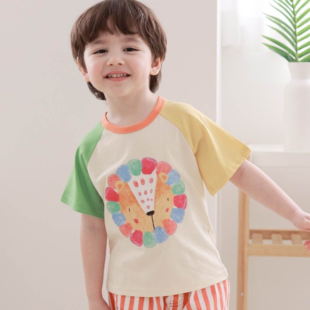 繽紛水彩獅子撞色短袖上衣-綠X黃