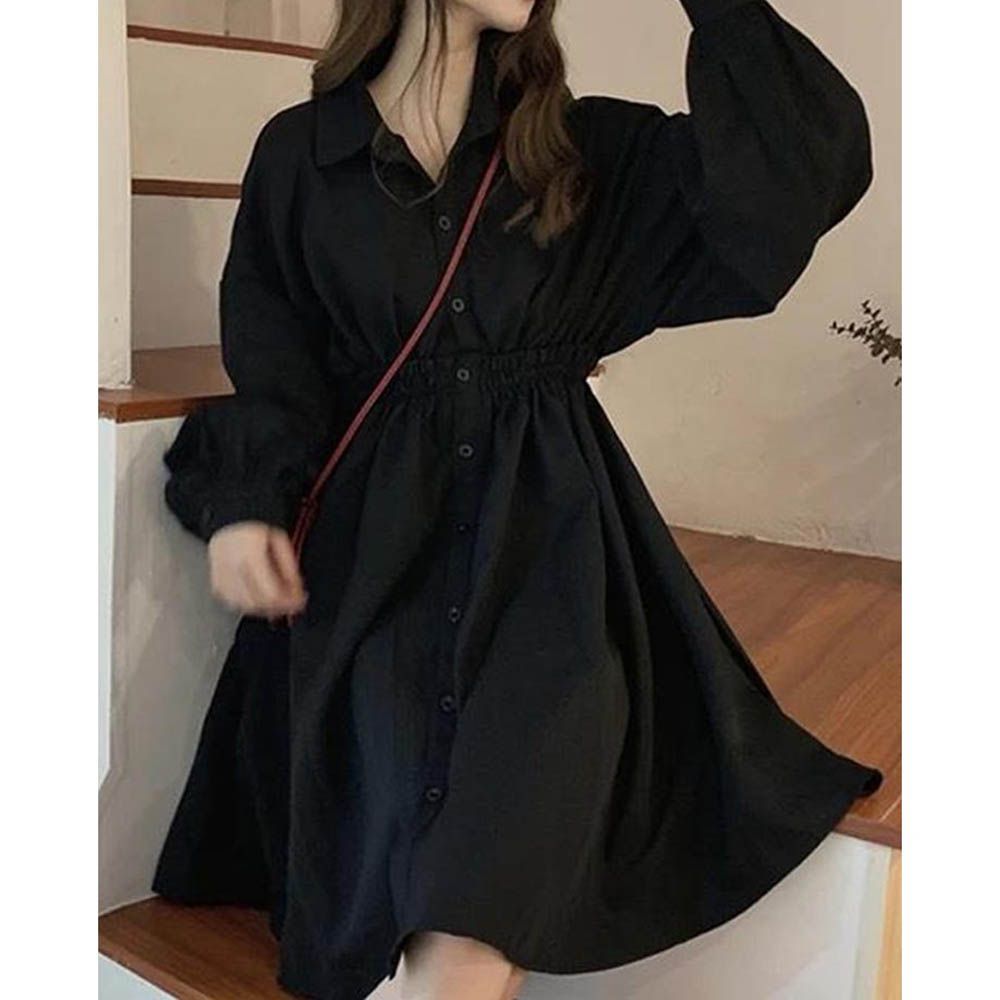 甜美縮腰襯衫式泡泡袖洋裝-黑
