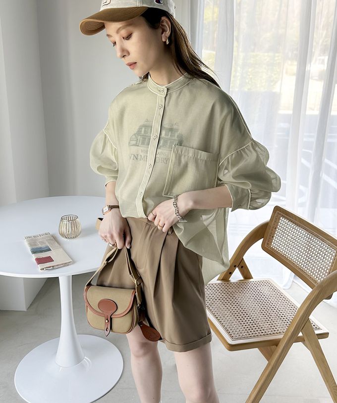 日本 Classical Elf - 優雅滾邊透膚感長袖襯衫-灰棕