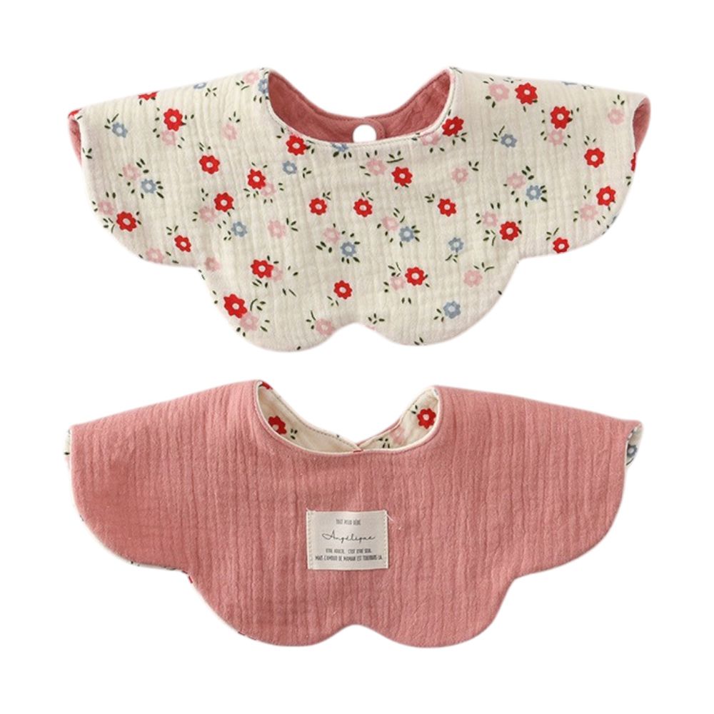 2條入-六層紗吸水圍兜 花型圍兜 兩面皆可用 純棉-三色花/橡皮粉+隨機1條 (24.5*25cm)