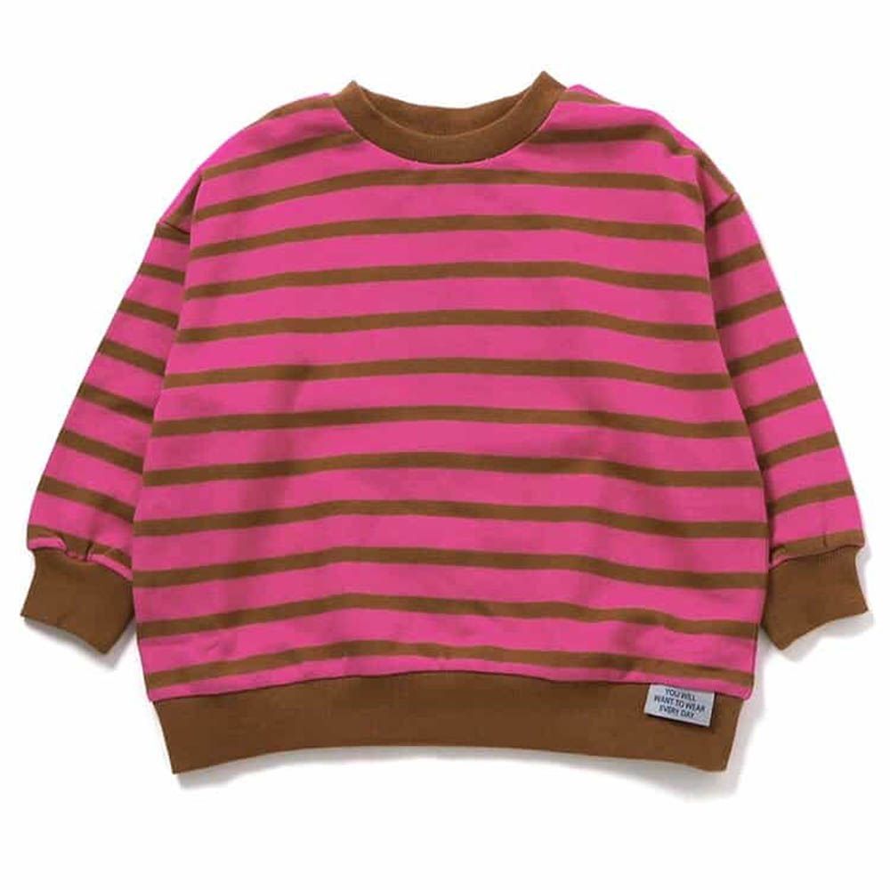 100%棉 落肩寬鬆縮口長袖上衣-條紋-桃紅X咖啡