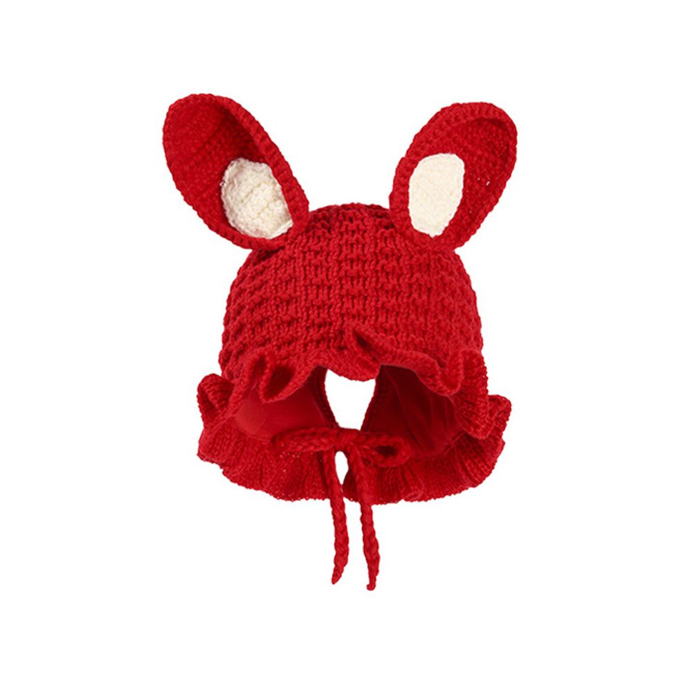 兔耳花邊針織毛線帽-紅色 (44-50CM（30M以下）)