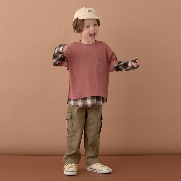 日本 b-ROOM - 假二件寬版大口袋長袖上衣-海軍藍x灰格紋