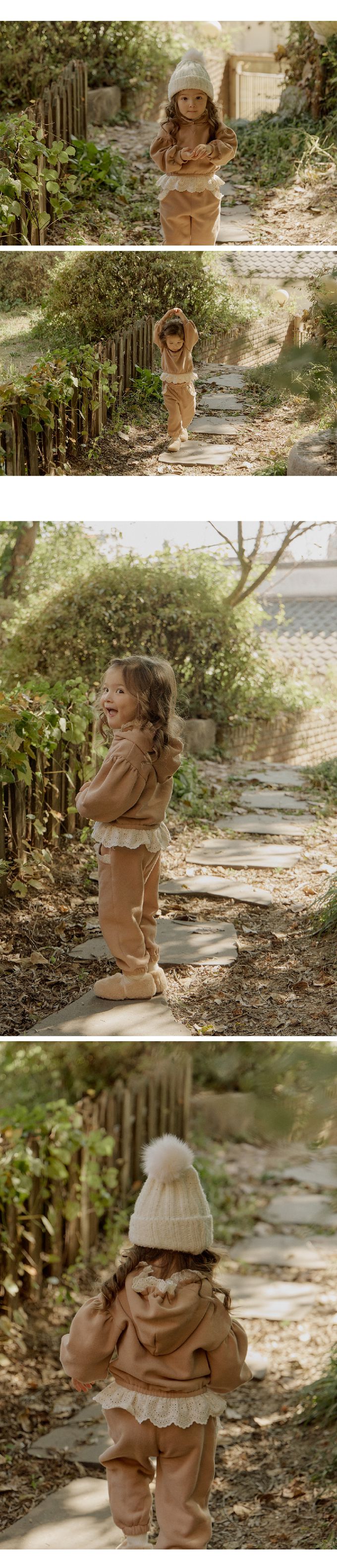 韓國 Puellaflo - 布花蕾絲點綴連帽上衣-棕