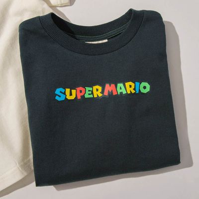 日本 BRANSHES - 瑪利歐限定聯名短袖上衣-SUPER MARIO-炭黑