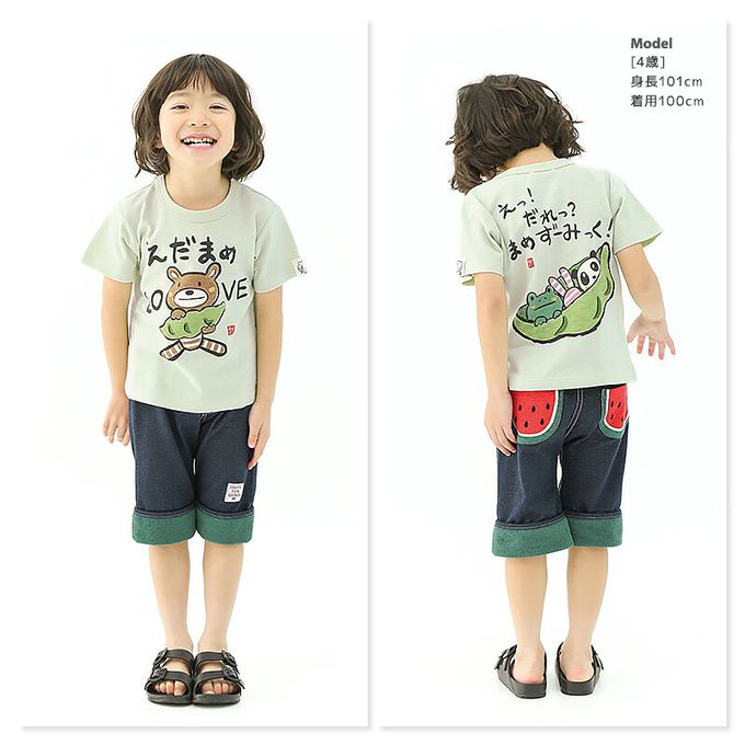 日本 ZOOLAND - 和風印花純棉短袖上衣-毛豆躲貓貓-奶油