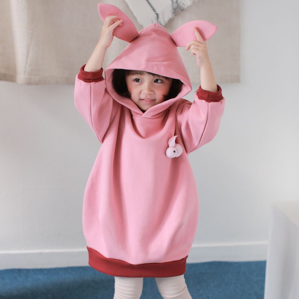 韓國 Coco Rabbit - 兔耳朵造型連帽長版T/洋裝-粉紅