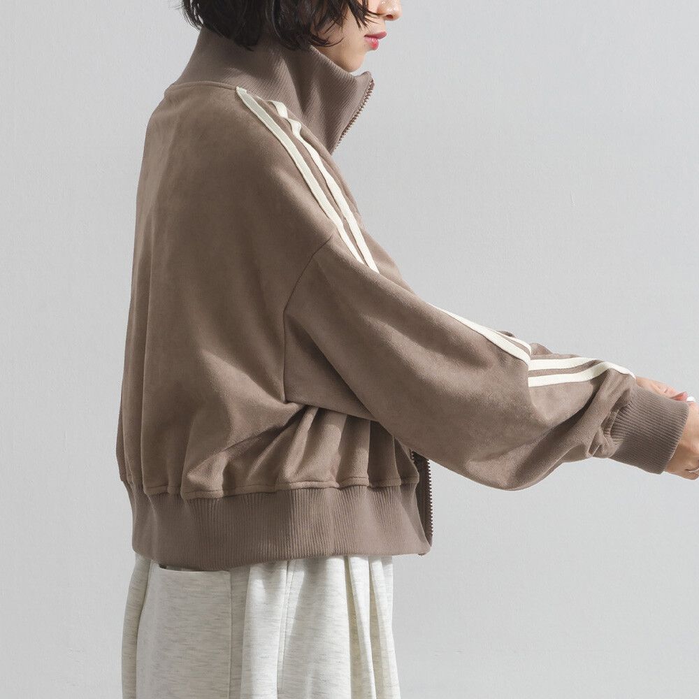 麂皮短絨休閒配色運動風夾克-淺摩卡