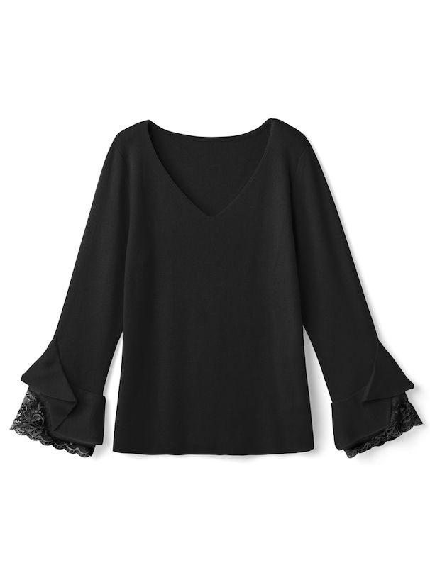 日本 GRL - 氣質V領蕾絲花朵袖針織上衣-天使白