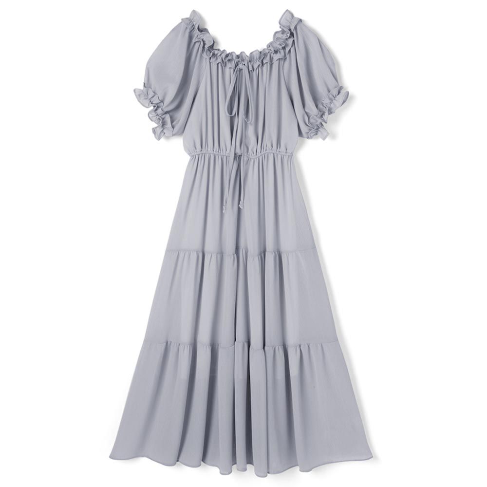 浪漫滾邊收腰分層飄逸短袖洋裝-冰河藍 (F)