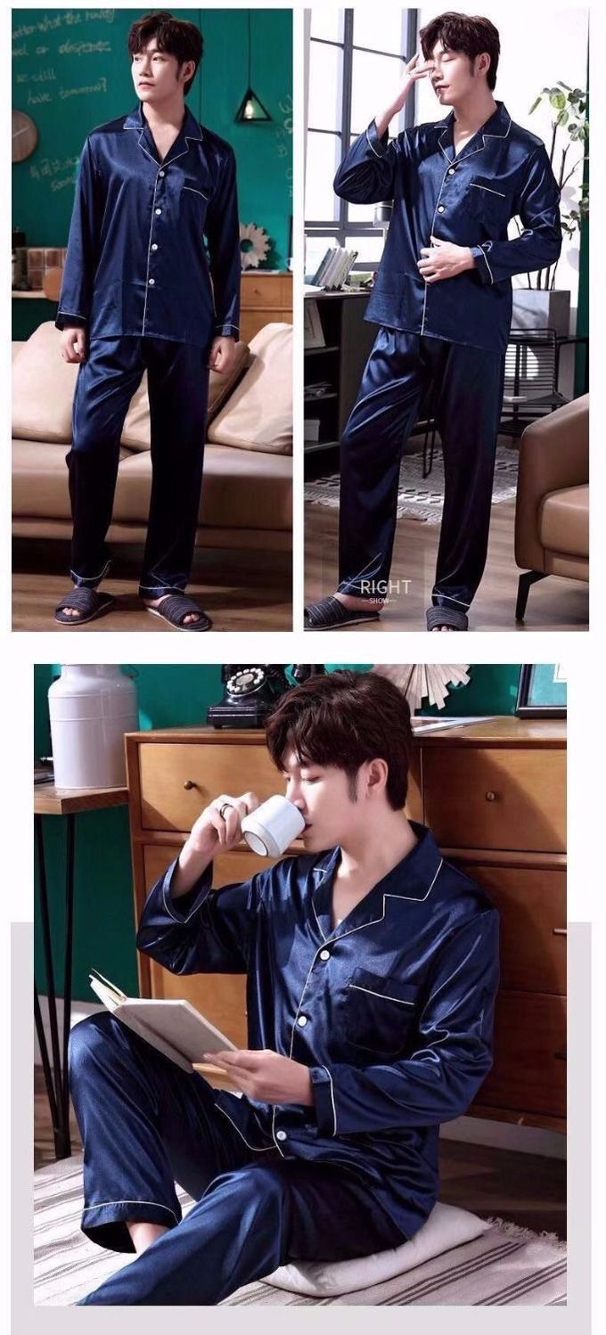 男士冰絲長袖家居服/睡衣套裝-緞面-深藍色