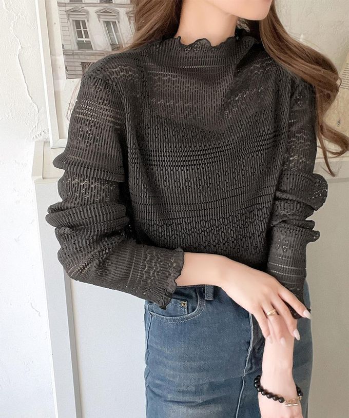 日本 Classical Elf - 鏤空蕾絲木耳邊小高領長袖上衣-白