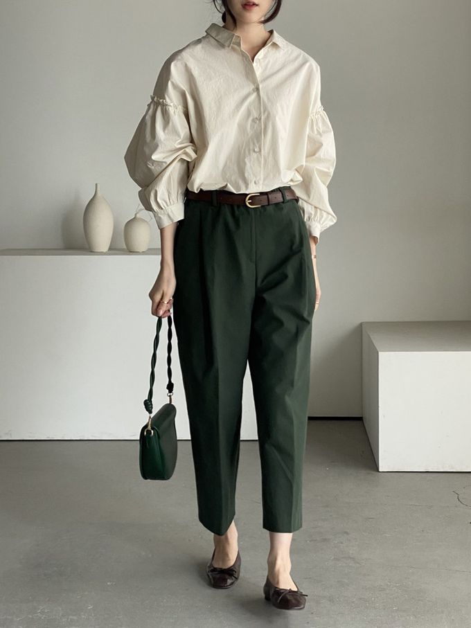 韓國女裝連線 - 極簡拼接翻領長袖襯衫-米杏 (FREE)