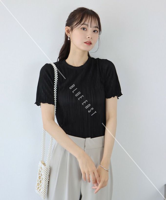 日本 BLUE EAST - 韓國製 圓領貝殼紋光澤短袖上衣-粉紅