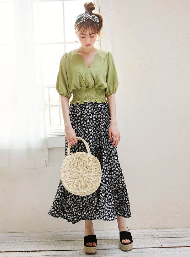 日本 GRL - 復古碎花長裙-白底