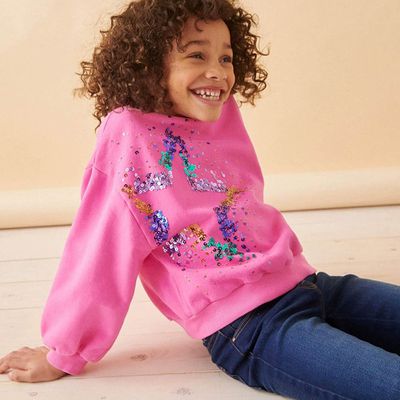 Jumping meters - 棉質圓領長袖上衣/大學T-亮片星星-粉色