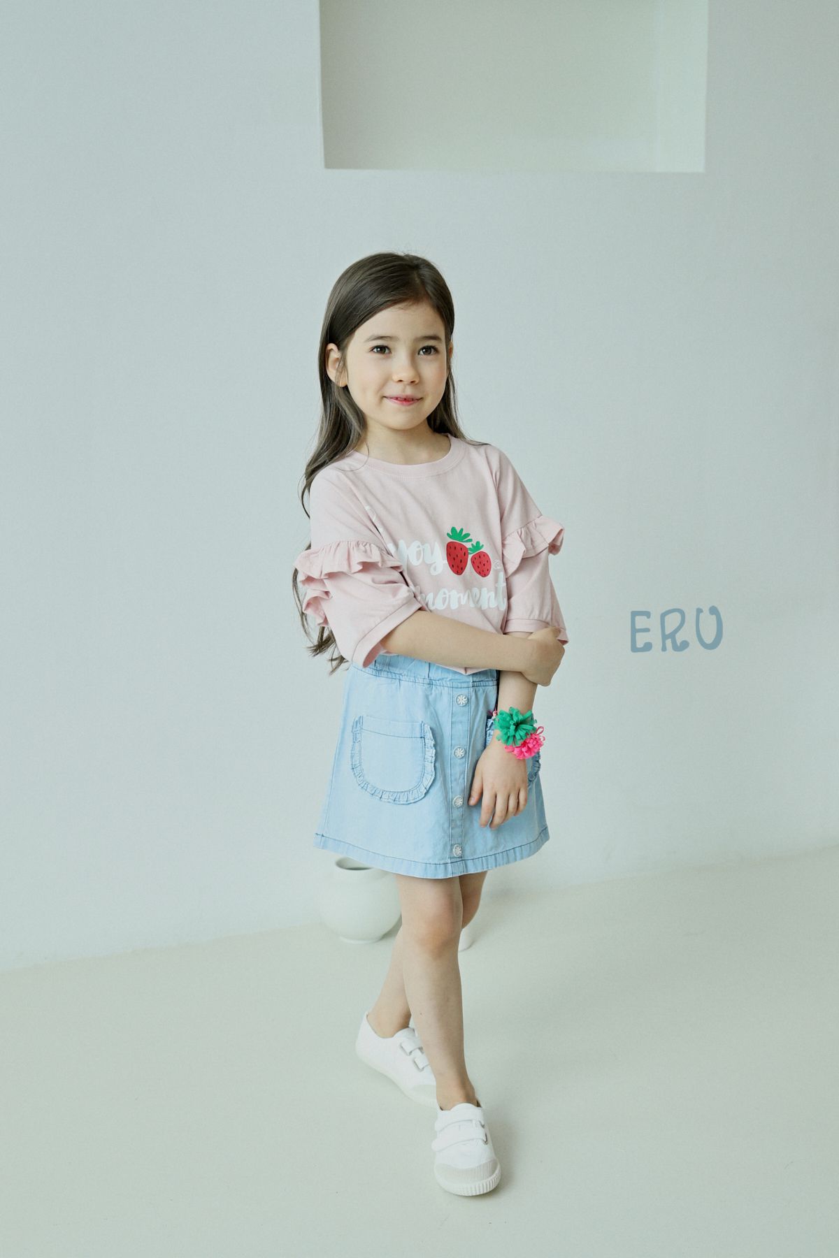 韓國 ERU - 花朵鈕釦雙口袋牛仔褲裙