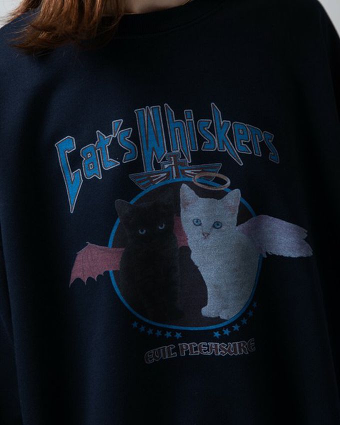 日本 gleam - 裏毛寬版天使惡魔貓咪印花大學T-深藍