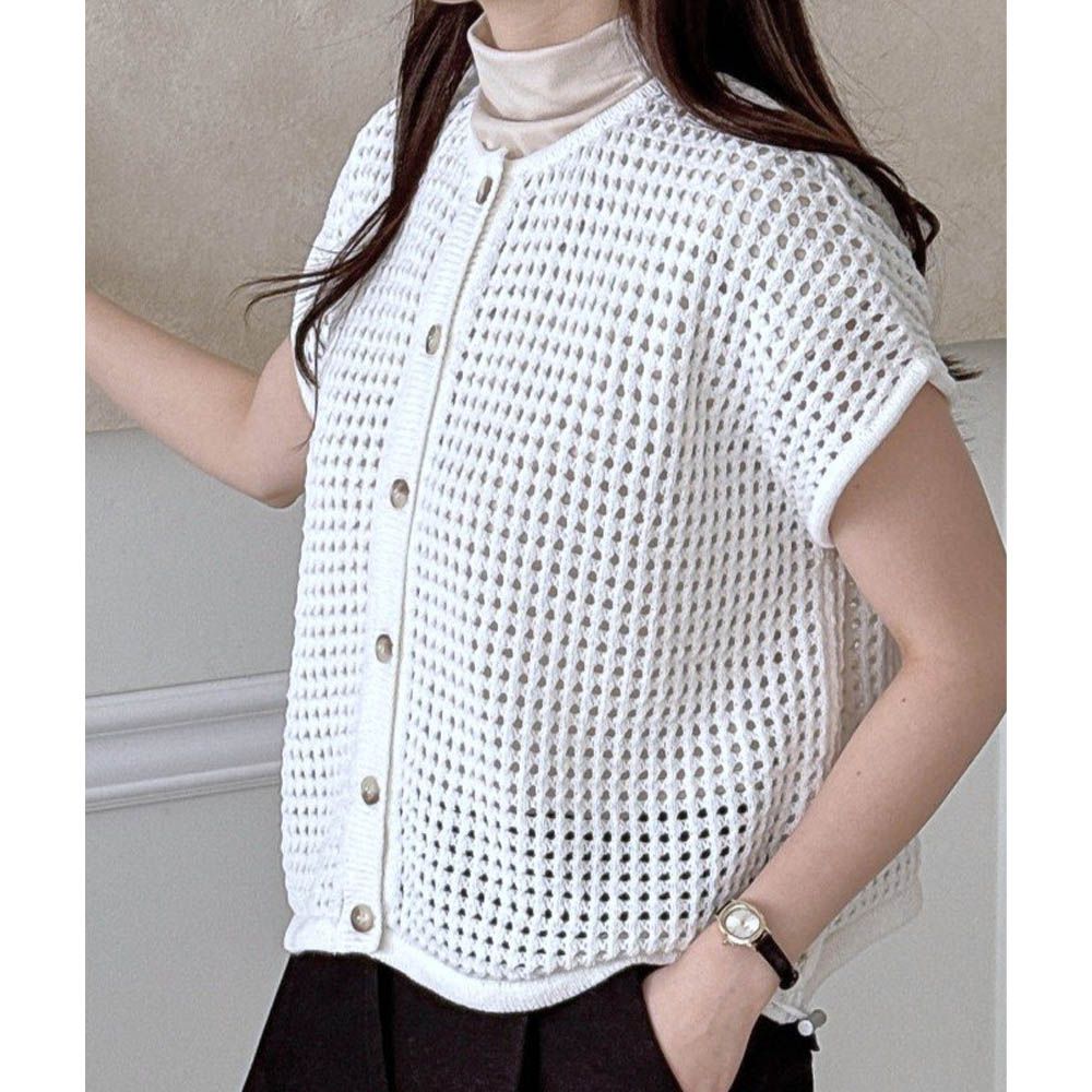 韓製 洞洞針織圓領抽繩背心外套/上衣-米白 (FREE)