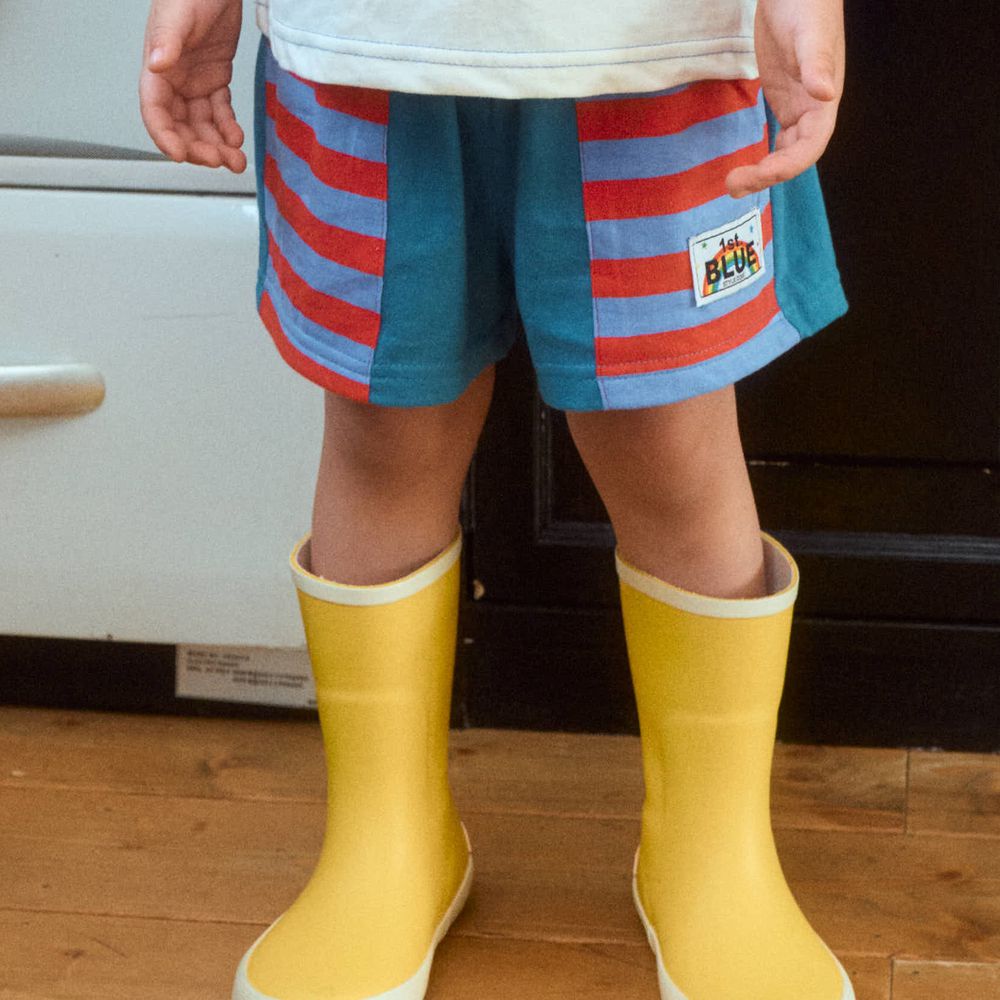 First Blue 鬆緊腰撞色條裝點綴純棉短褲-藍綠