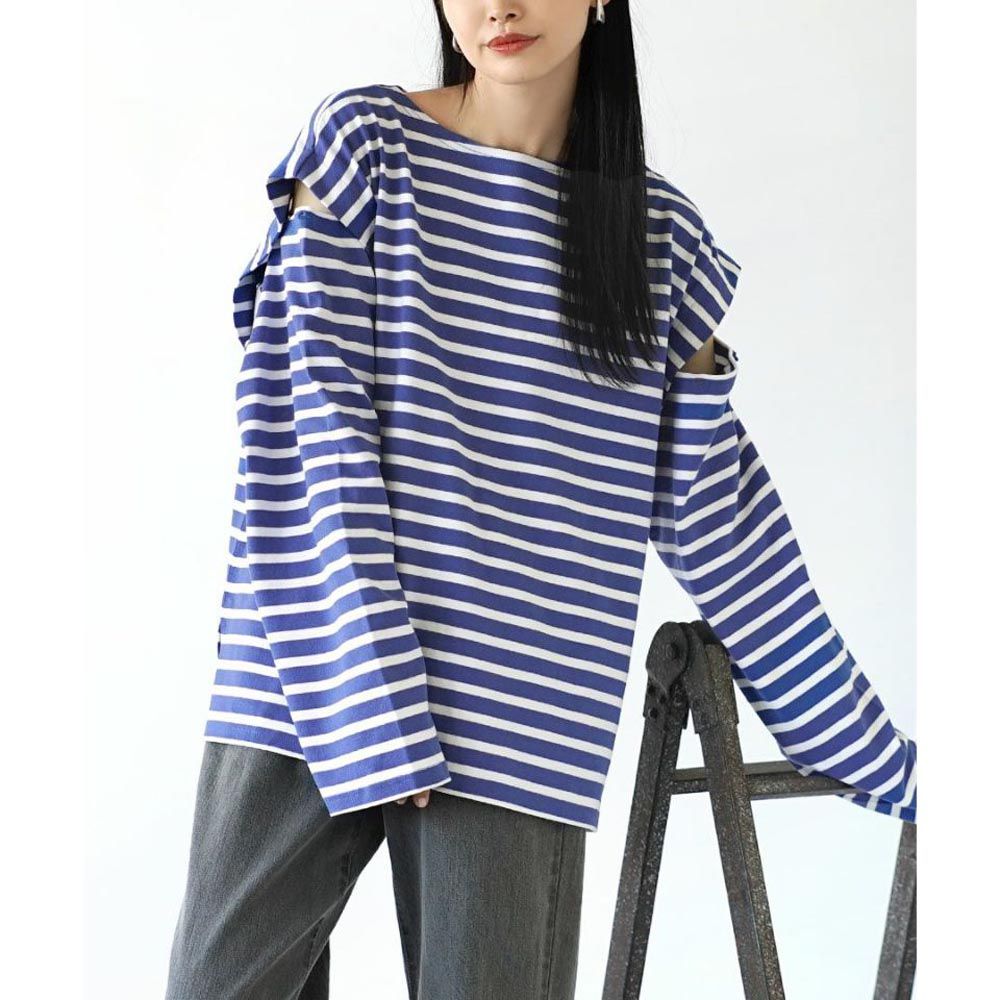 日本 zootie - 抗油污 時尚挖袖設計長袖上衣-條紋-藍x白