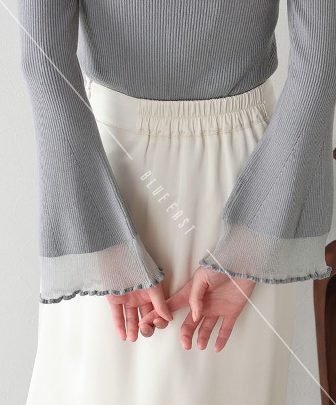 日本 BLUE EAST - 修身羅紋透膚層次喇叭長袖上衣-灰