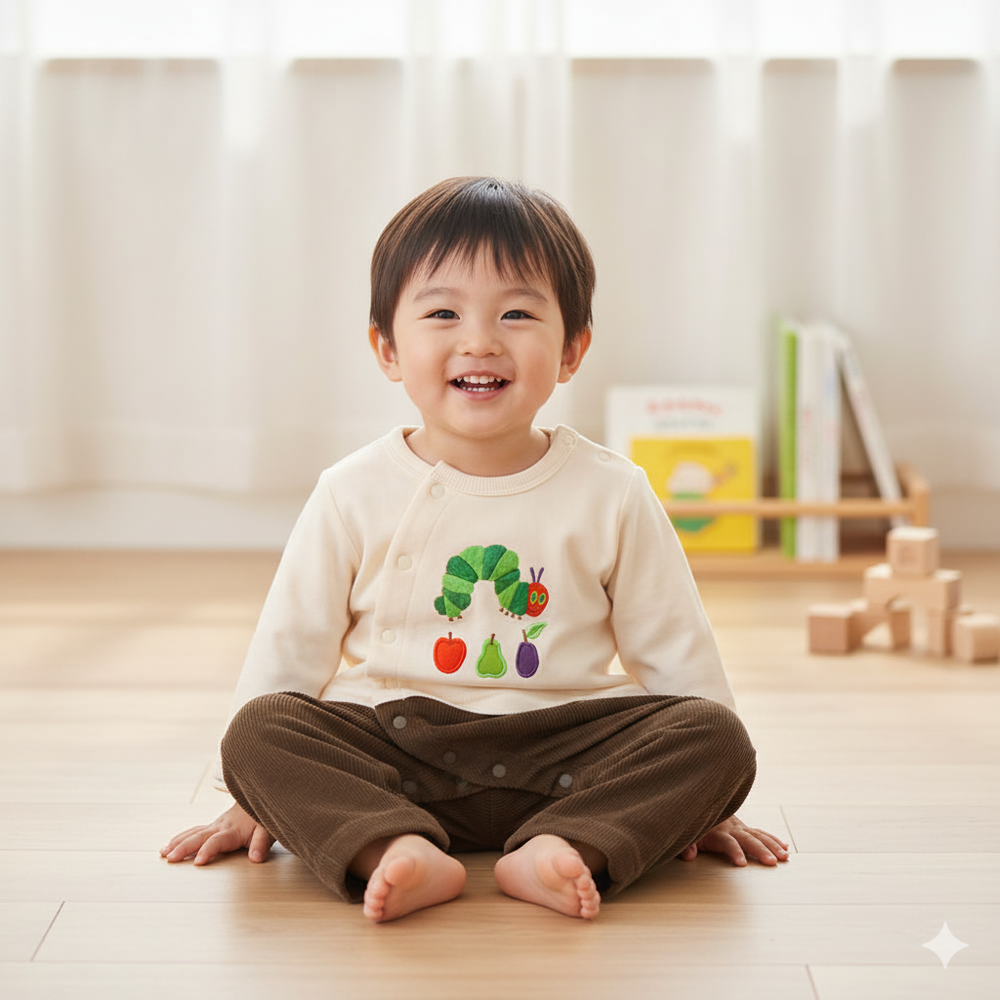 長袖假兩件兔裝-好餓的毛毛蟲-淺卡其色