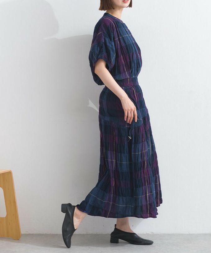 日本 Lupilien - 印度棉 皺皺文青格紋側抽繩長裙-橘