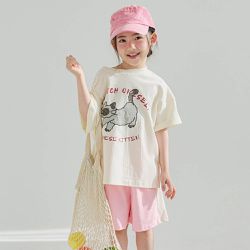 韓國 W.S.B. - 伸展貓貓純棉短袖套裝-粉