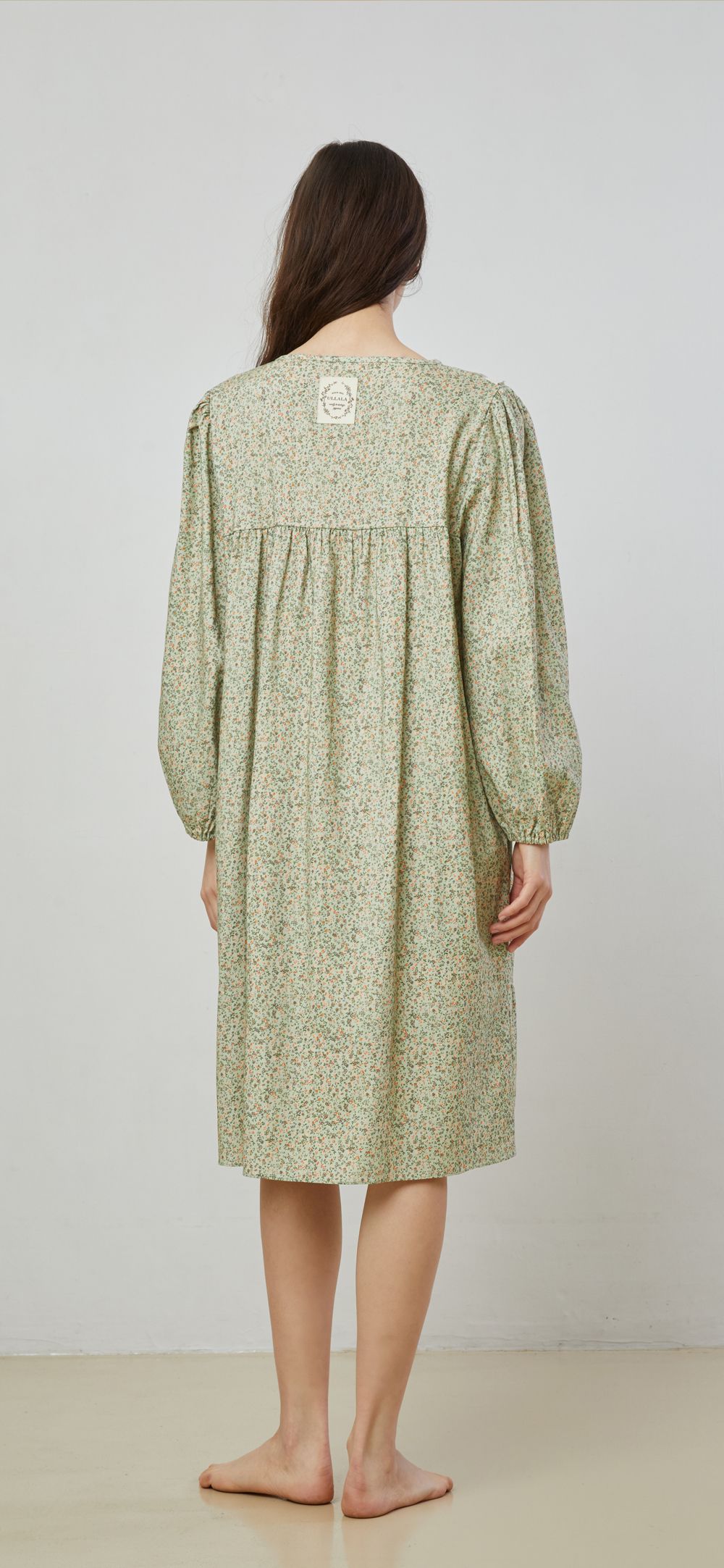 韓國 ULLALA - 浪漫碎花純棉長袖睡衣-(洋裝式)-薄荷綠 (FREE)