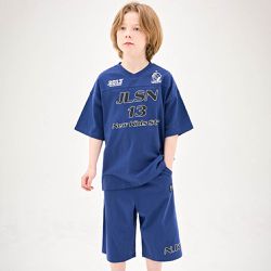 韓國 Jelispoon - 美式街頭風落肩上衣X七分褲套裝-深藍
