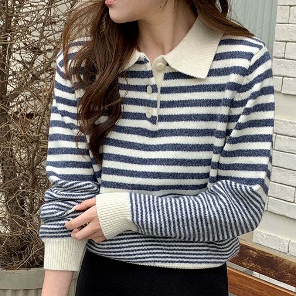 韓系條紋翻領長袖針織上衣-深藍X米 (F)