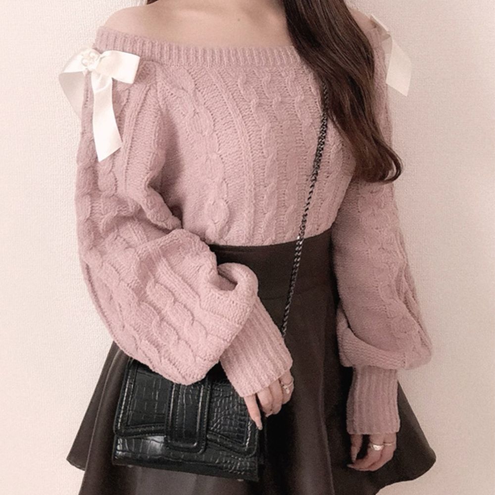 甜蜜緞帶露肩麻花針織上衣-粉紅 (F)