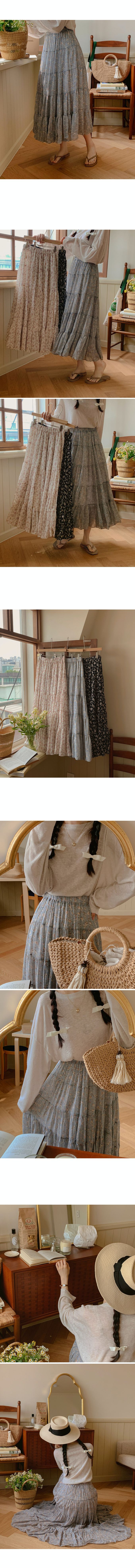 韓國女裝代購 - 鬆緊腰花朵印拼接蛋糕裙-象牙白 (FREE)